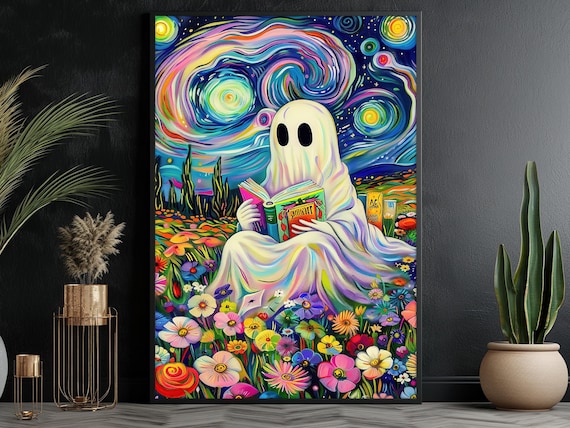 Starry Night Style Ghost Reading Book Among Flowers Colorful Poster