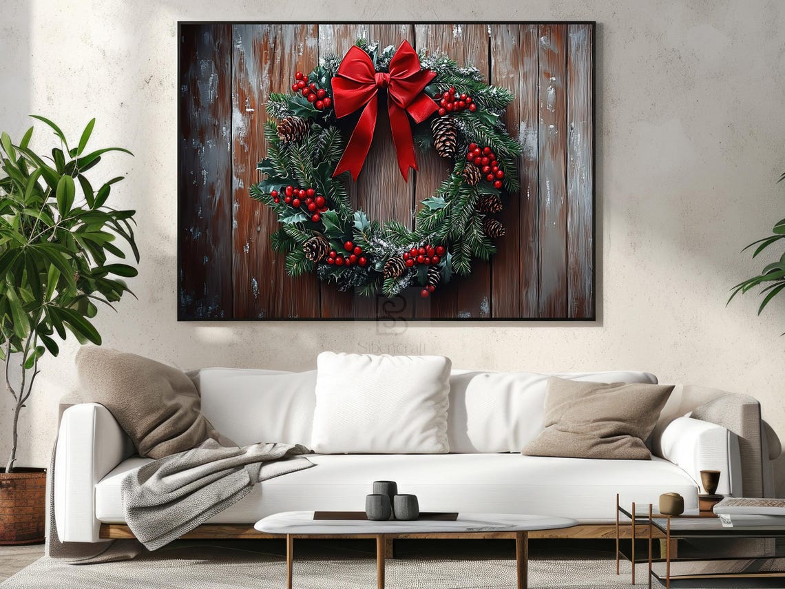 Christmas Wreath With Big Red Bow On Rustic Wooden Door Winter Poster - Image 3