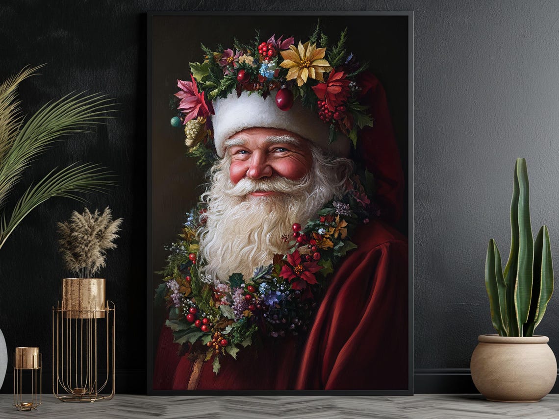 Vintage Santa Wearing Christmas Wreath Painting Christian Cottage Santa Claus Poster Print Christmas Wall Art Christmas Decor