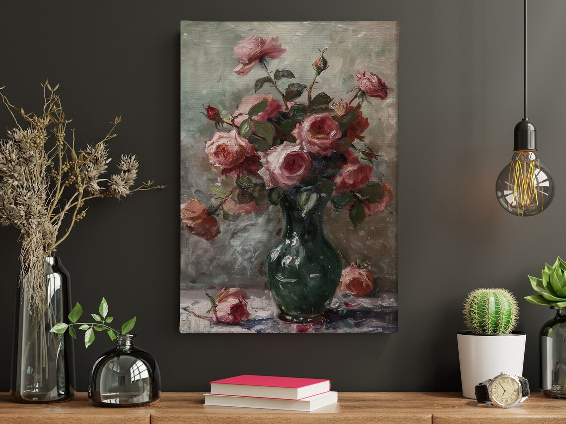 Pink Roses In Green Glass Vase Vintage Oil Painting Floral Art Poster - Image 4