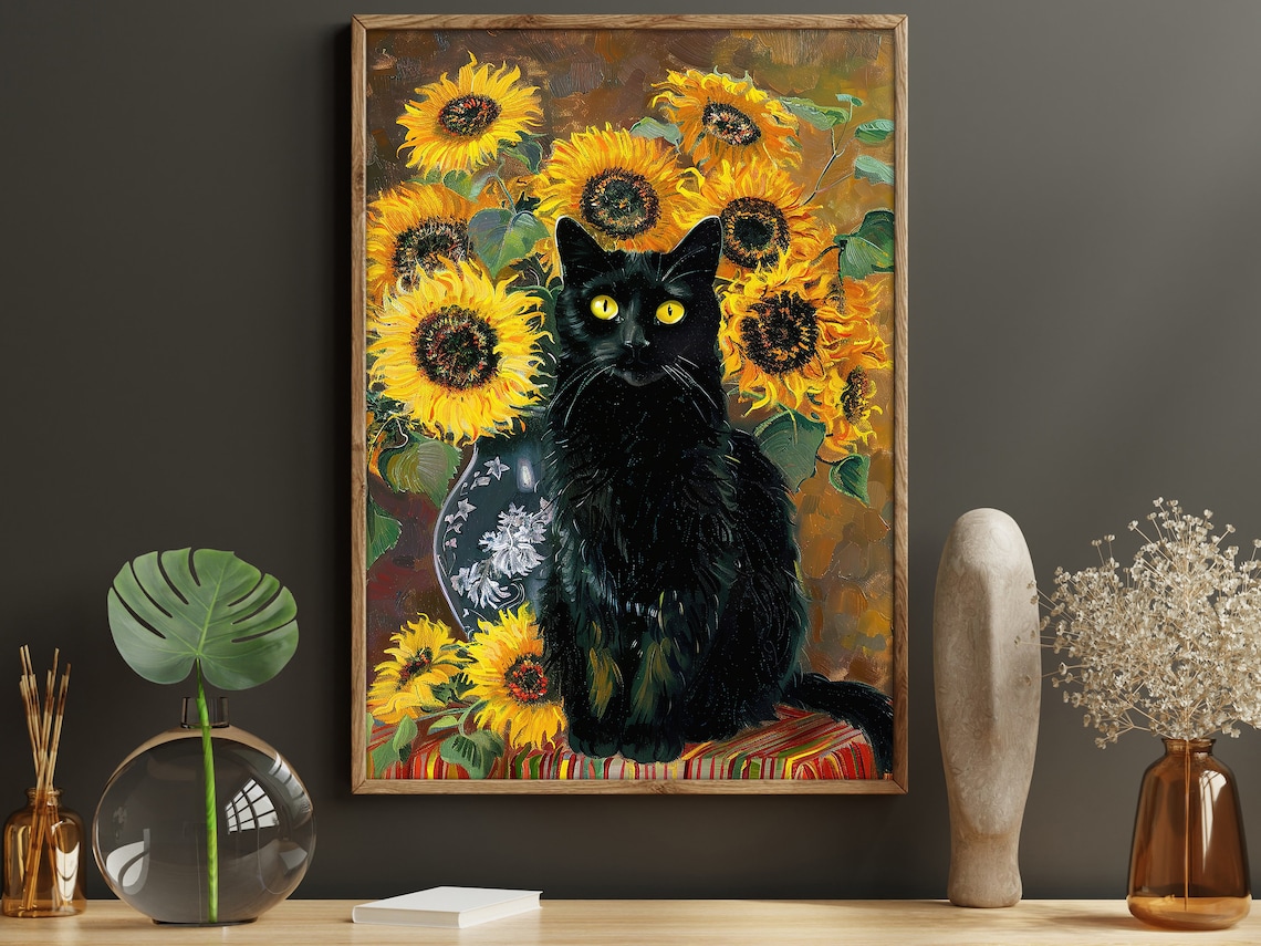 Black Cat Among Golden Sunflowers Vintage Style Animal Poster
