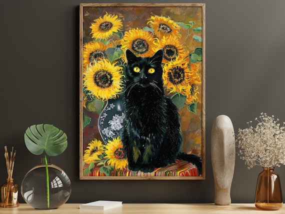 Black Cat Among Golden Sunflowers Vintage Style Animal Poster