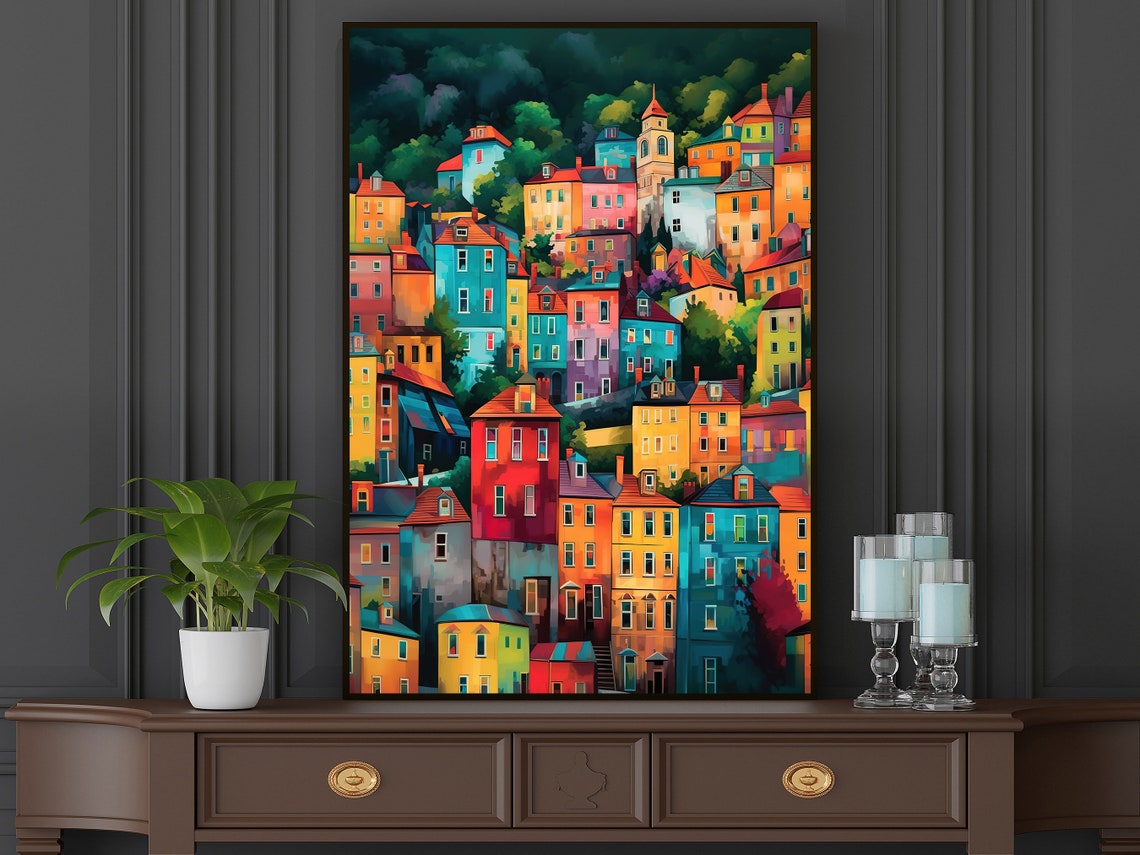 Colorful Hillside Town Houses Abstract City Painting Modern Poster - Image 2