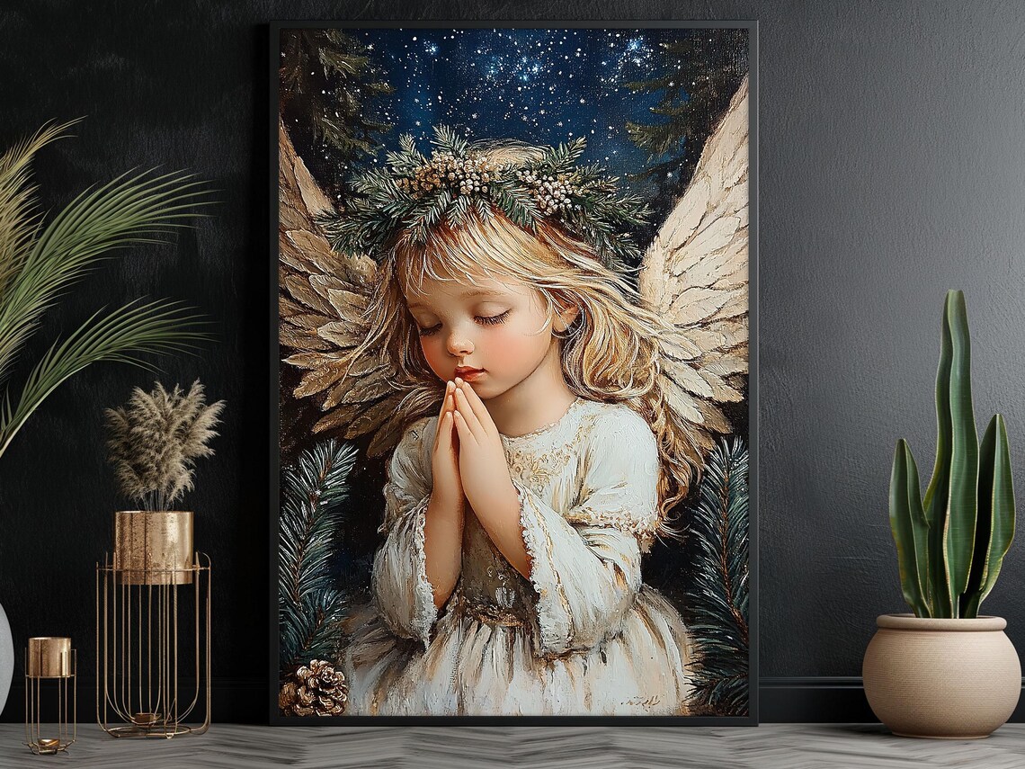Vintage Praying Angel Girl Starry Night Pine Wreath Christian Christmas Art Poster - Image 6