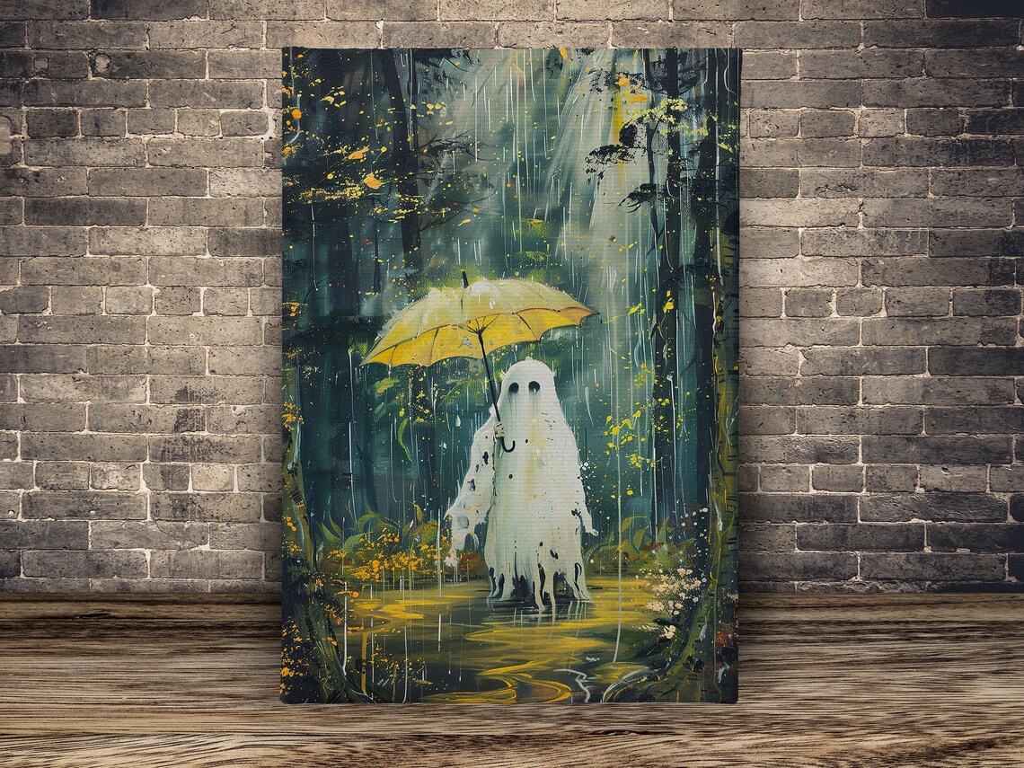Whimsical Ghost Holding Yellow Umbrella in Rainy Forest Painting Poster - Image 2