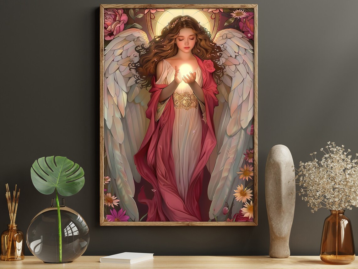 Guardian Angel Holding Light Of Hope Red Robe Floral Art Print Poster