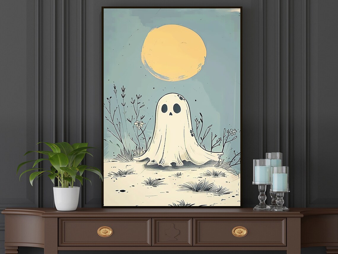 Cute Ghost Under Big Moon Minimalist Pastel Halloween Nursery Art Poster - Image 5