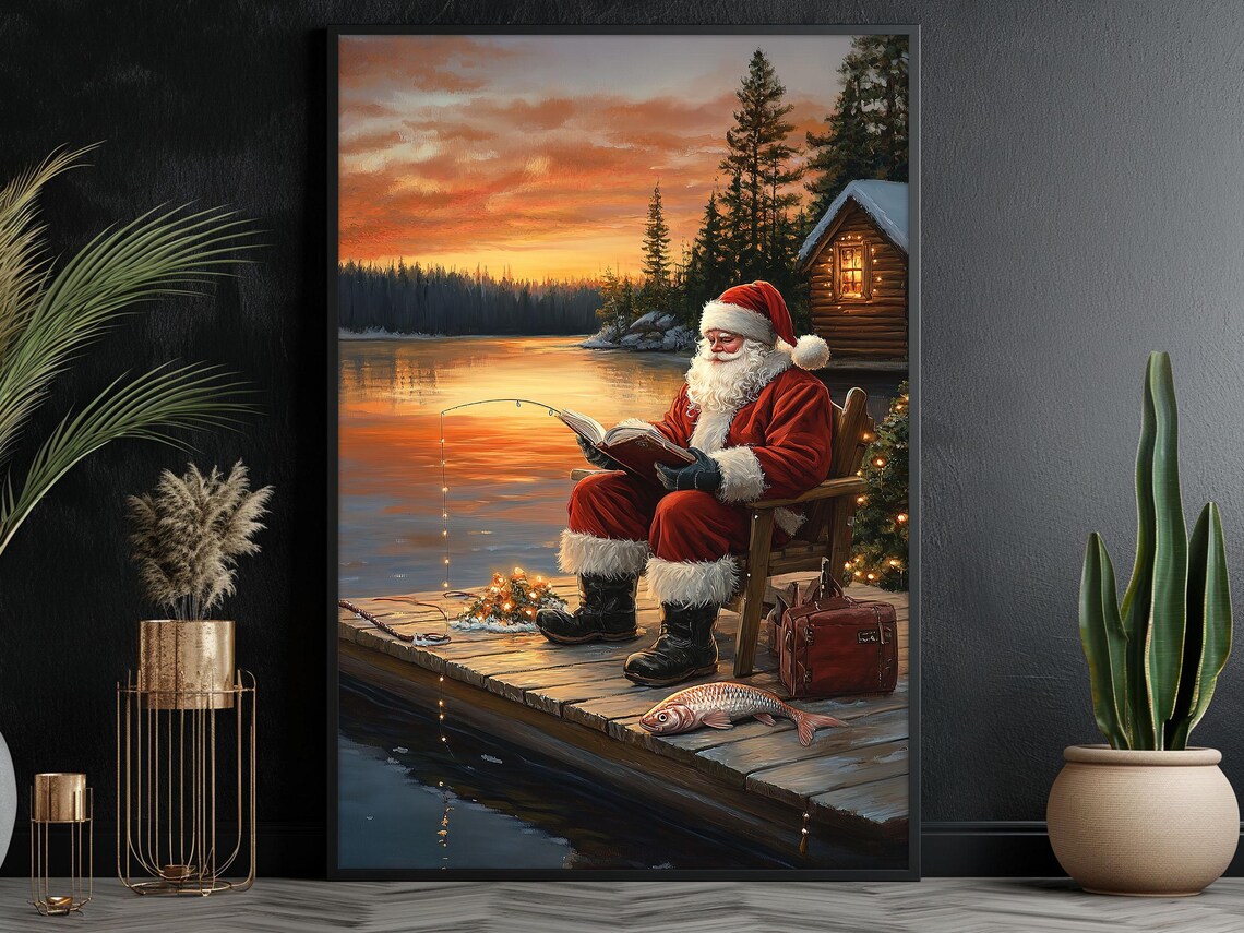 Vintage Santa Reading And Fishing Christmas Art Print - Image 6