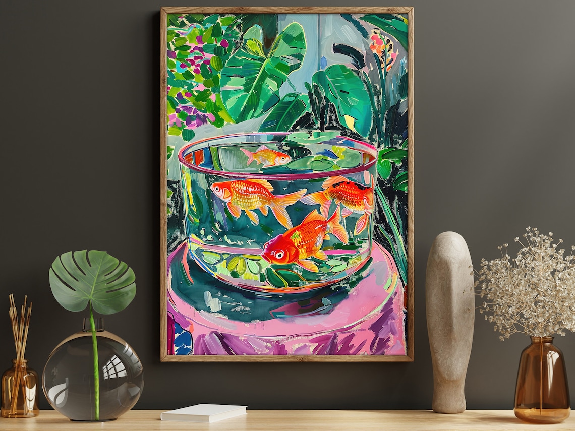 Goldfish In Glass Tank Colorful Tropical Leaves Still Life Art Poster