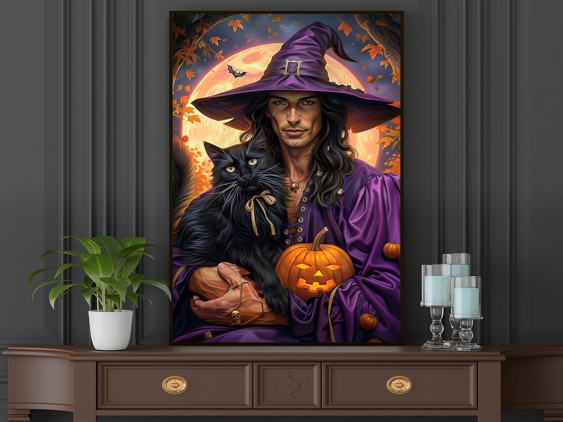 Male Witch Black Cat Pumpkin Harvest Moon Halloween Purple Robe Art Poster - Image 5