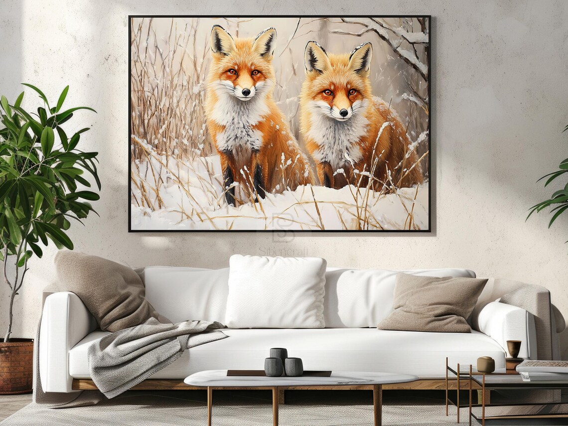 Two Red Foxes Standing In Snowy Winter Grass Wildlife Pair Painting Wall Art - Image 5