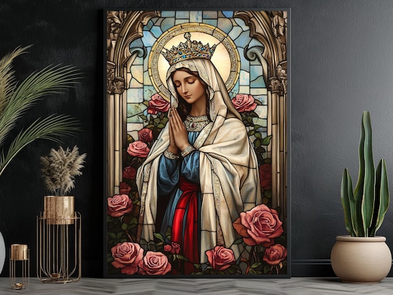 Stained Glass Virgin Mary Crowned Roses Praying Christian Religious Art Poster