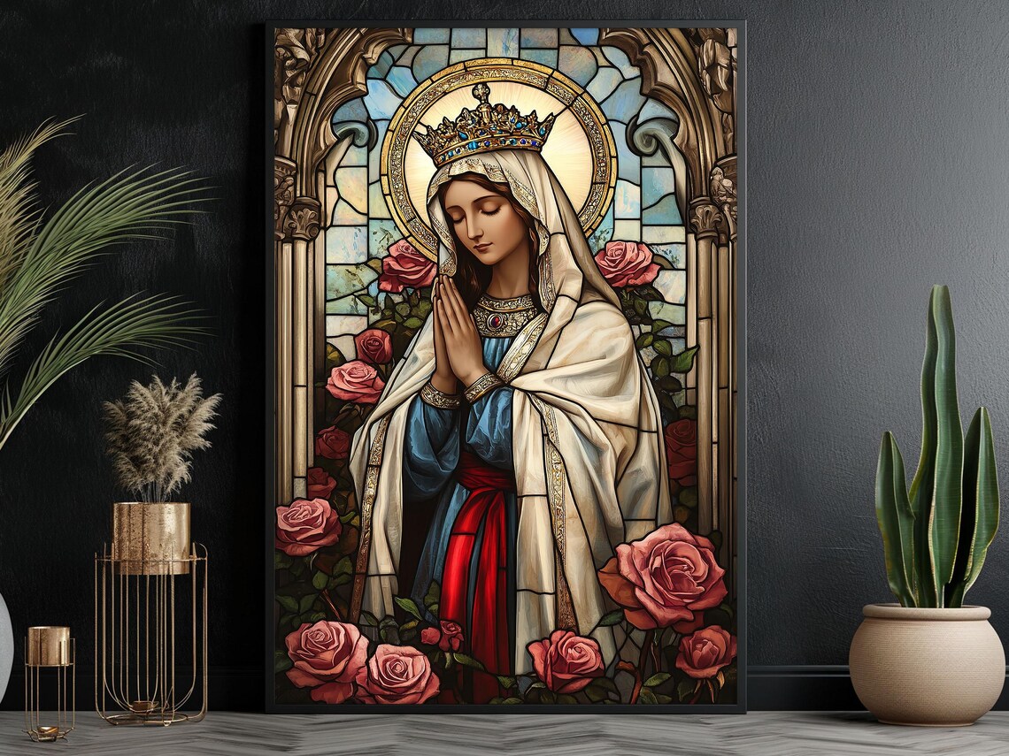 Stained Glass Virgin Mary Crowned Roses Praying Christian Religious Art Poster
