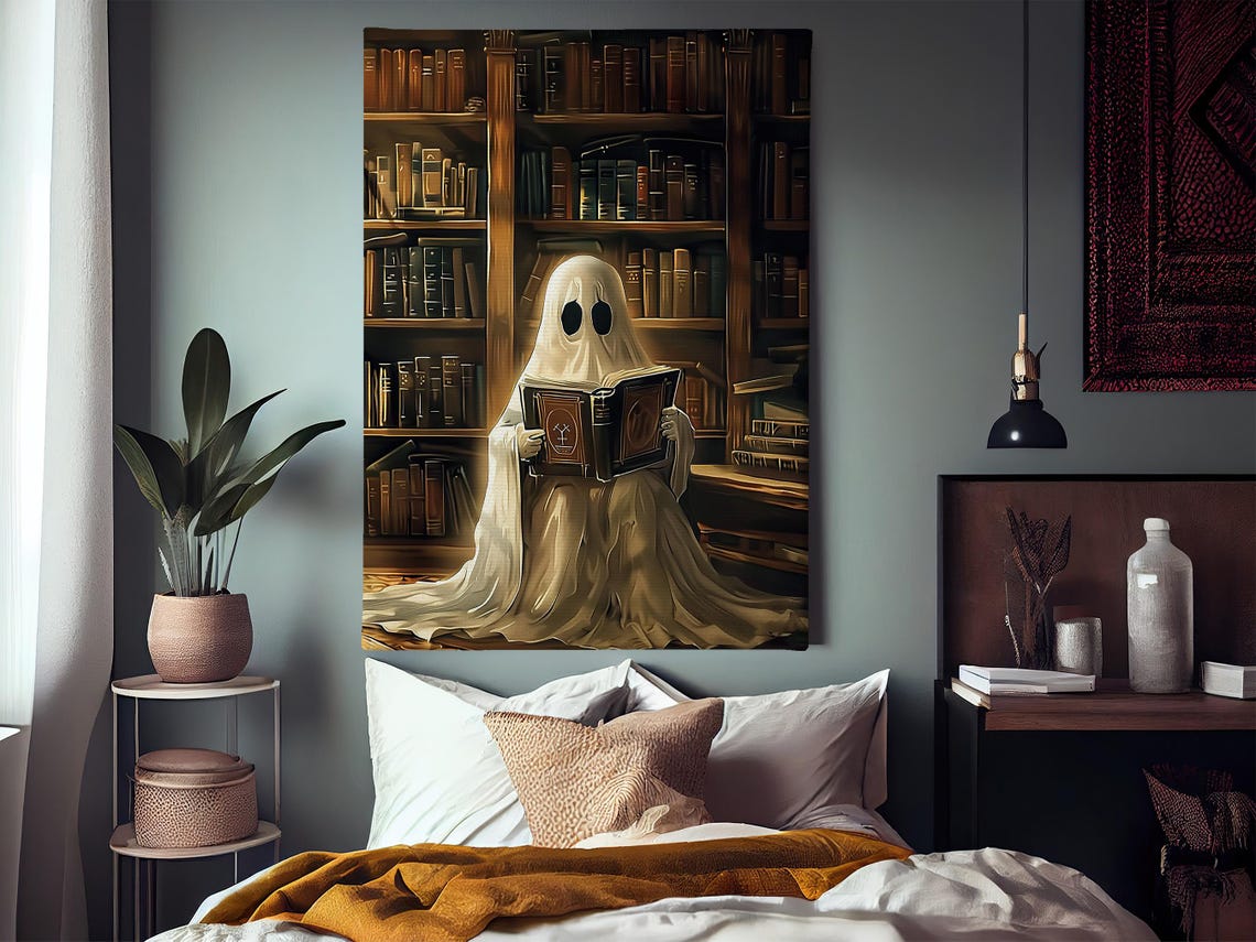 Ghost Reading Book In Grand Library Cozy Spooky Halloween Art Print - Image 4