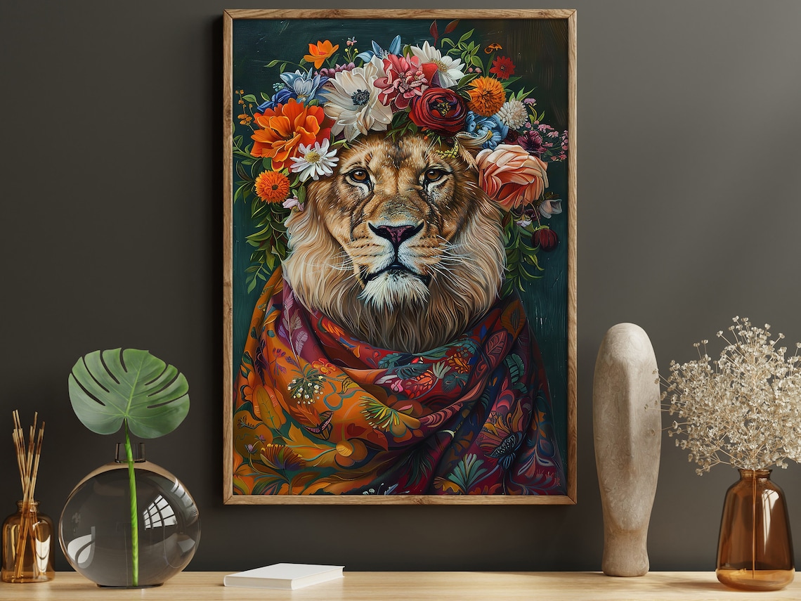 Matisse-Inspired Floral Lion, Vintage Animal Poster