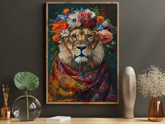 Matisse-Inspired Floral Lion, Vintage Animal Poster