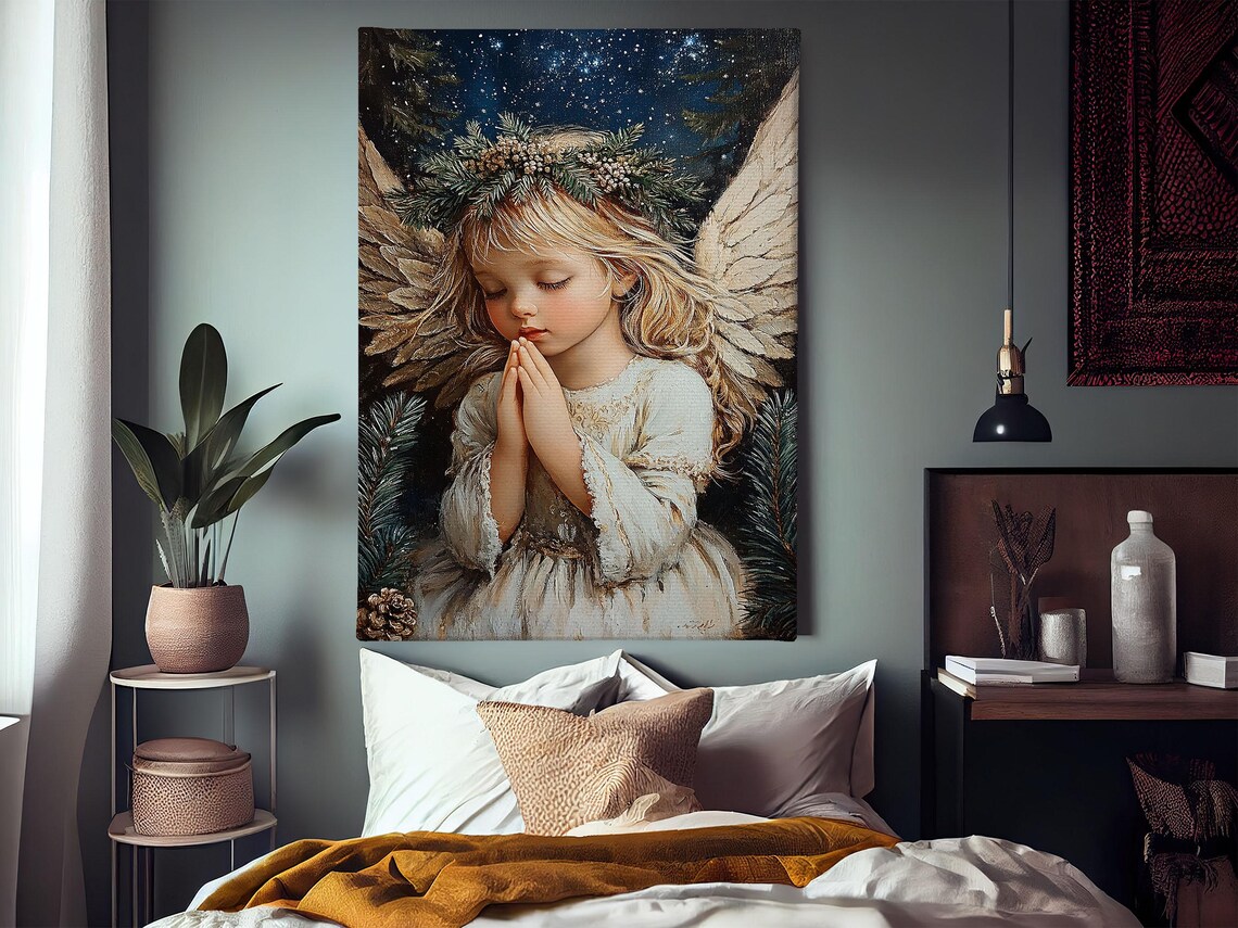 Vintage Praying Angel Girl Starry Night Pine Wreath Christian Christmas Art Poster - Image 3