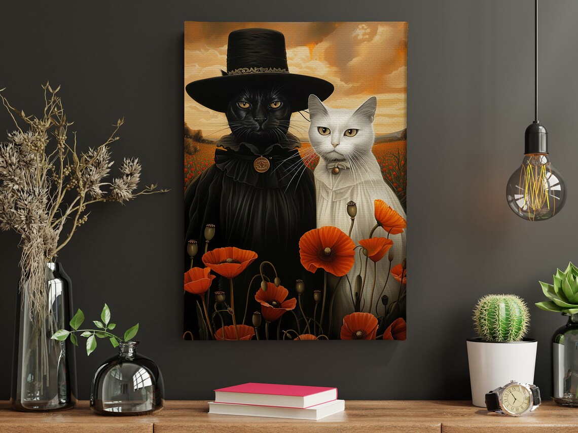 Witch Cat Couple Black White Cats Poppy Field Sunset Whimsical Art Poster - Image 4