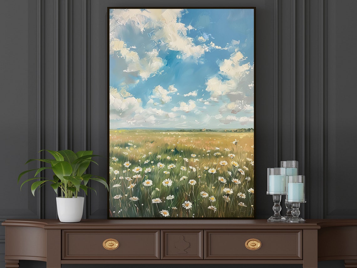 Daisy Field Under Bright Blue Sky With Clouds Spring Meadow Art Poster - Image 5