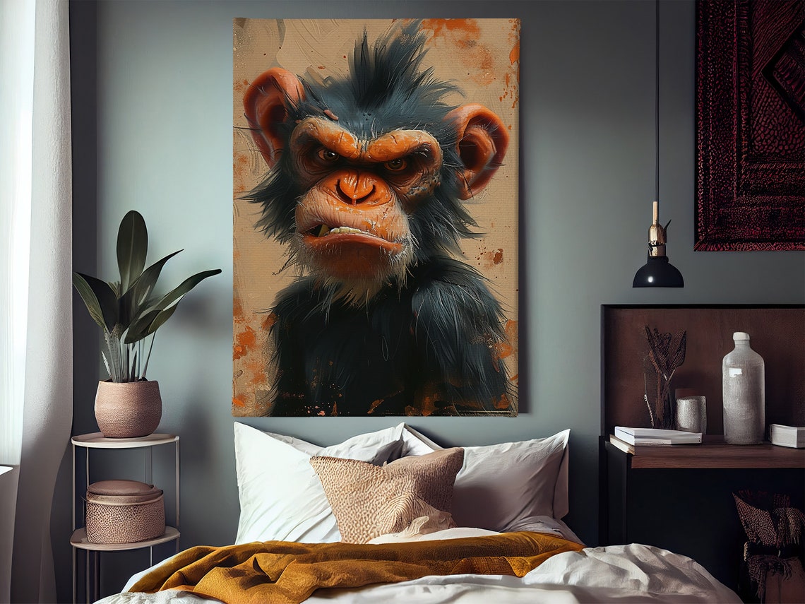 Grumpy Chimpanzee Bold Brush Portrait Funny Animal Wall Art Poster - Image 2