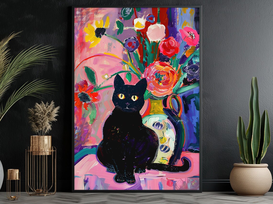 Matisse-Inspired Black Cat and Flowers Art Print - Image 3