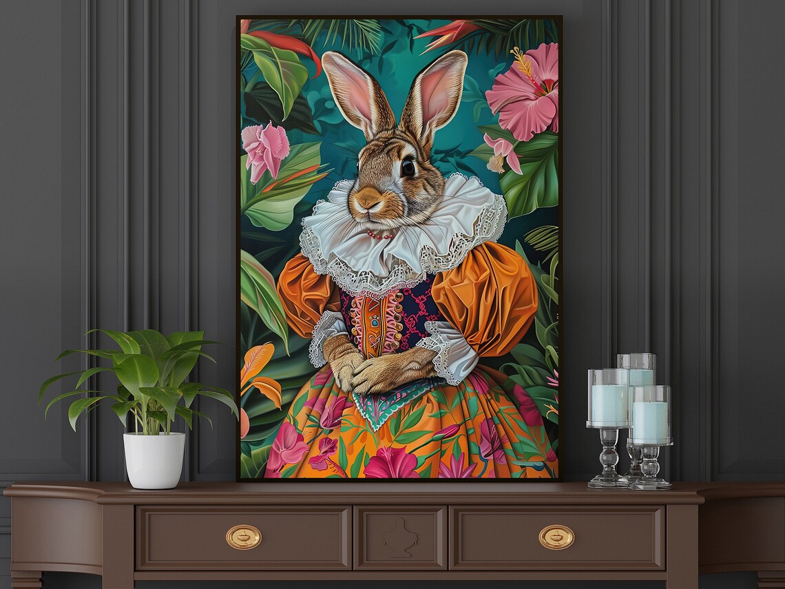 Rabbit In Orange Renaissance Gown Lace Ruff Tropical Whimsical Art Poster - Image 5