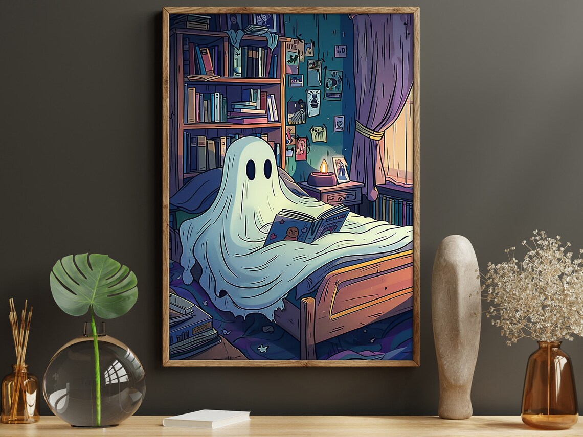 Cute Ghost Reading Book Cozy Bedroom Night Cartoon Halloween Art Poster