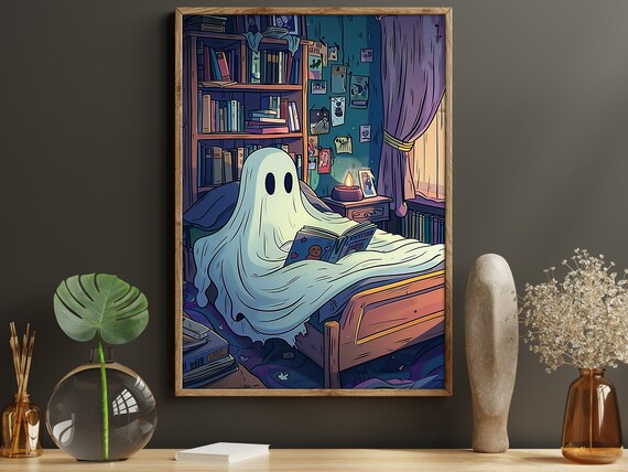 Cute Ghost Reading Book Cozy Bedroom Night Cartoon Halloween Art Poster