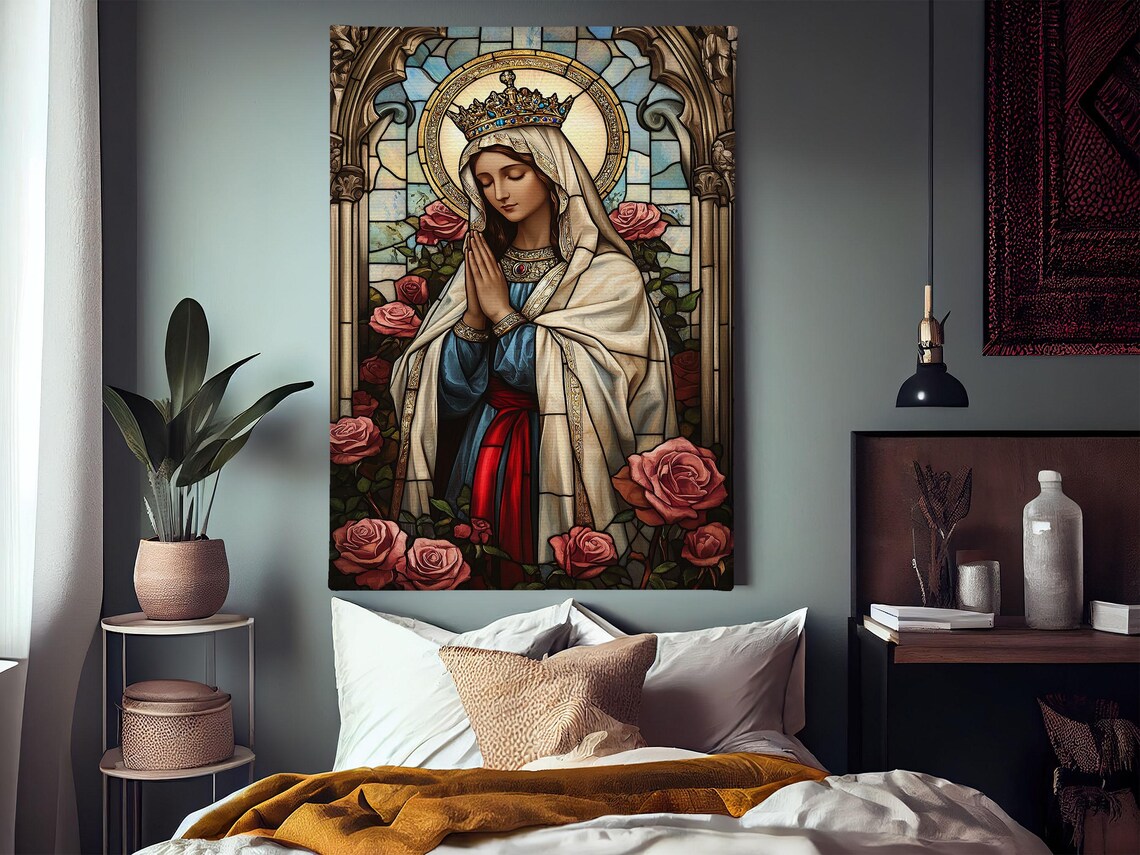 Stained Glass Virgin Mary Crowned Roses Praying Christian Religious Art Poster - Image 3