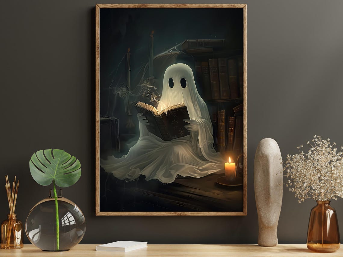 Ghost Reading Glowing Book By Candlelight Cute Halloween Art Print