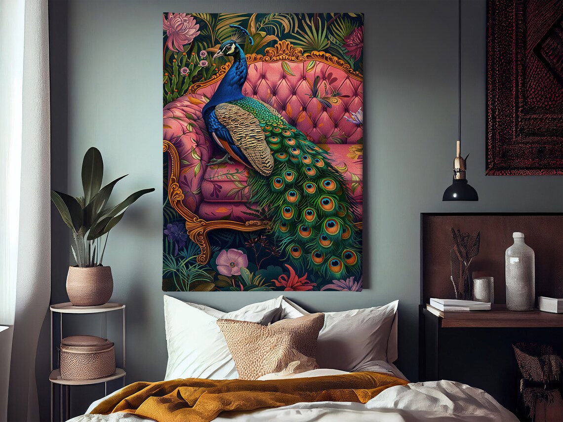 Tropical Peacock On The Sofa Wild Animal Art Print - Image 3