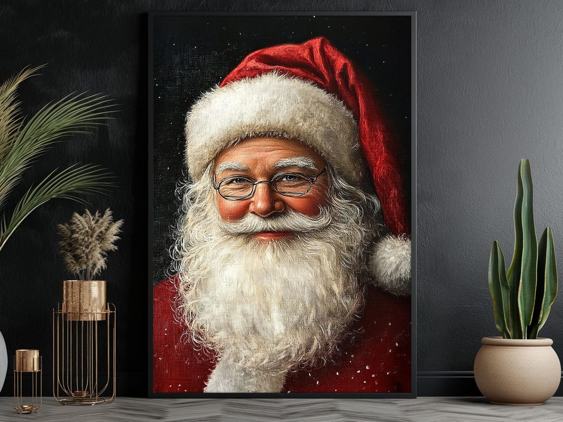 Vintage Santa Claus Smiling Portrait With Red Hat Christmas Wall Art