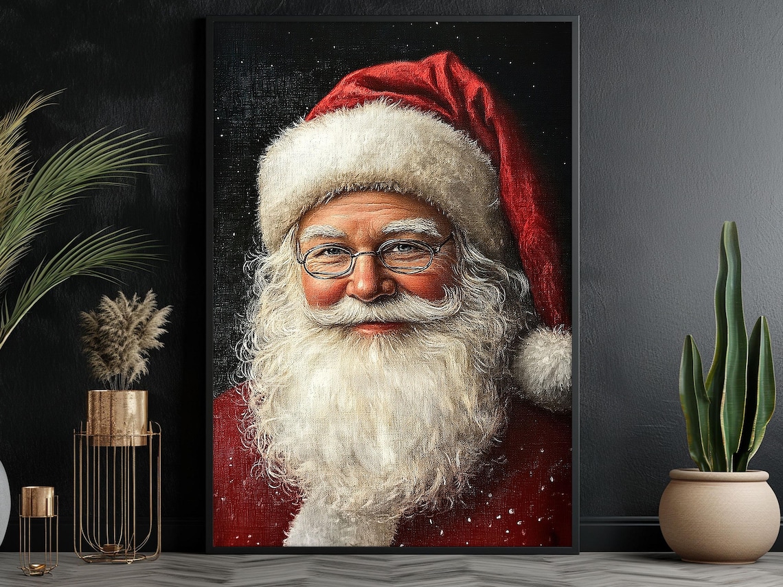 Vintage Santa Portrait Painting Cozy Christian Cottage Santa Claus Poster Print Christmas Wall Art Christmas Decor