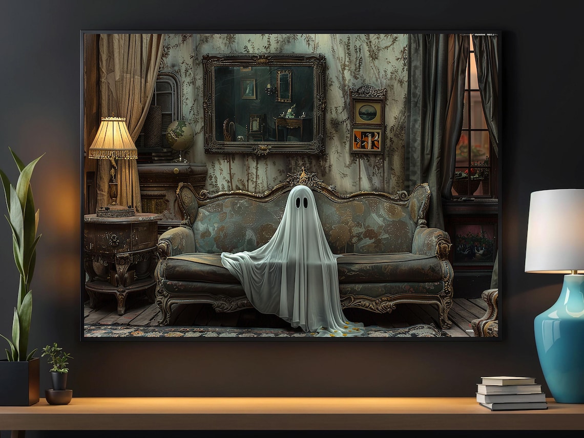 Dark Ghost on the Sofa, Vintage Halloween Poster Print