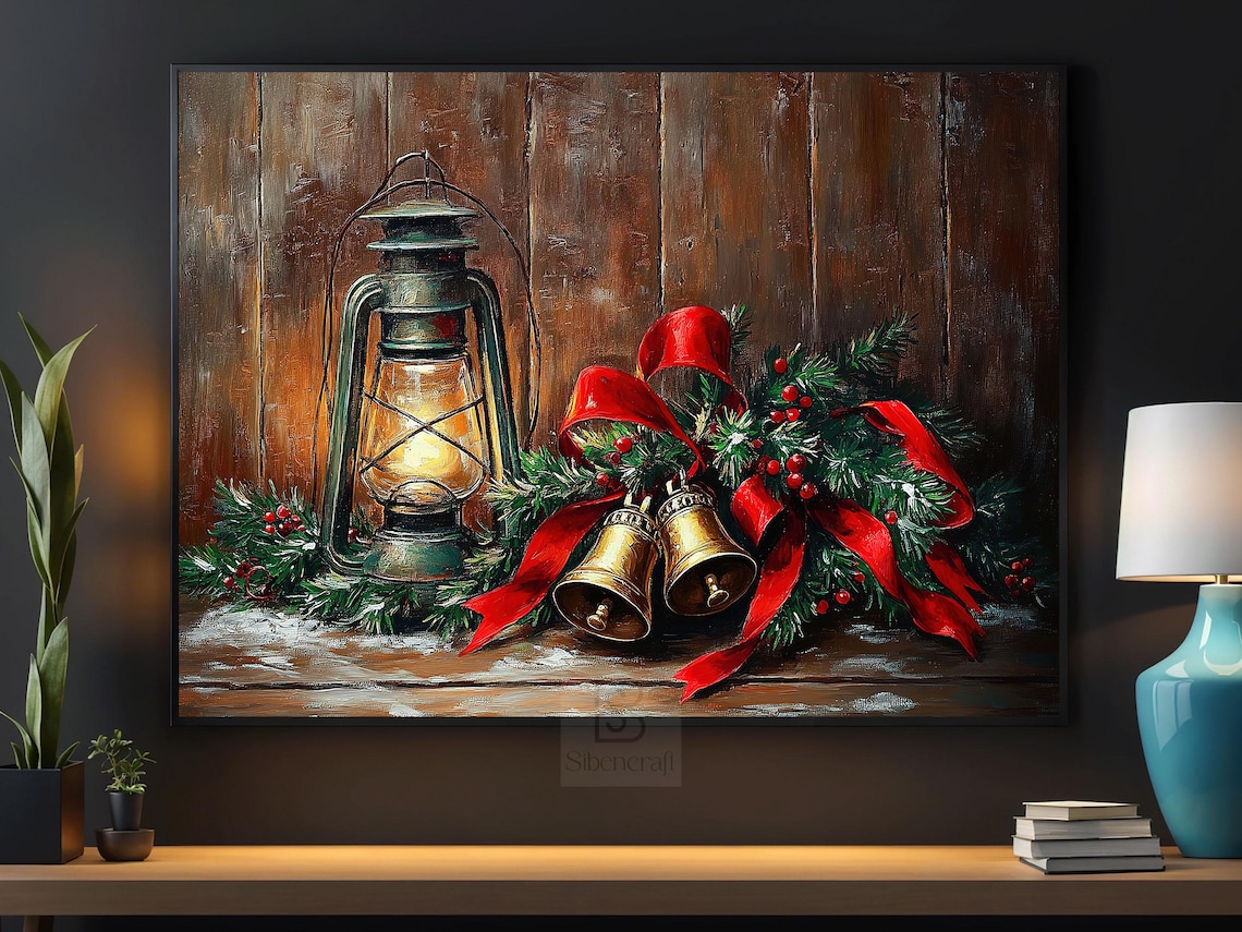 Vintage Oil Lantern With Golden Bells And Red Ribbon Pine Decor Poster