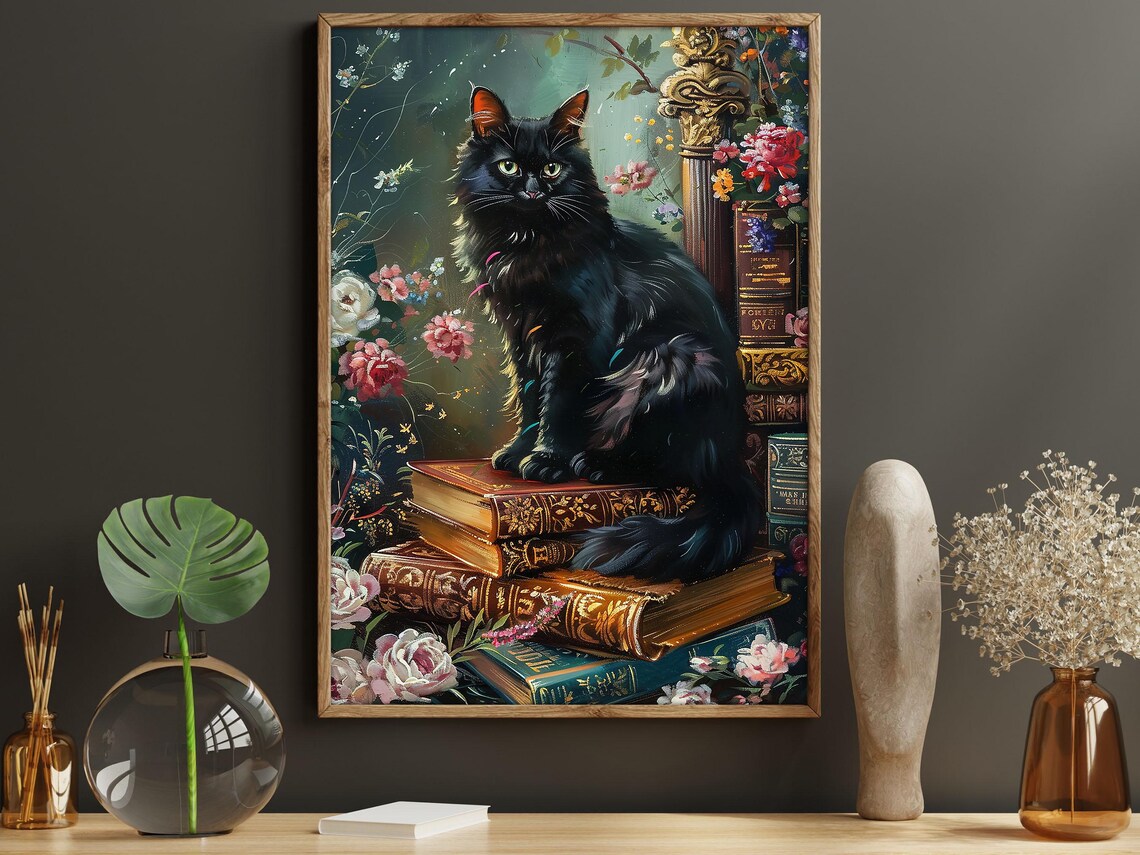Matisse-Inspired Black Cat on Magic Books Print - Image 5