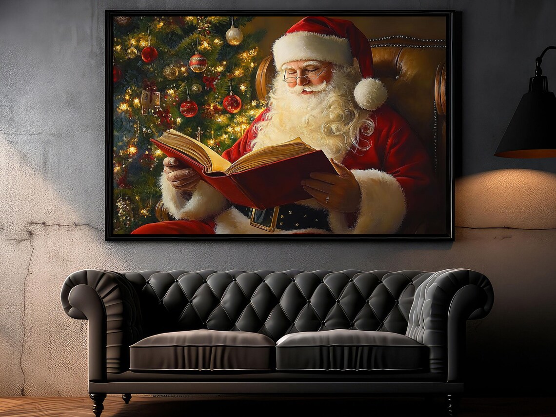Santa Claus Reading Big Red Book Leather Chair Christmas Tree Cozy Art Poster - Image 4