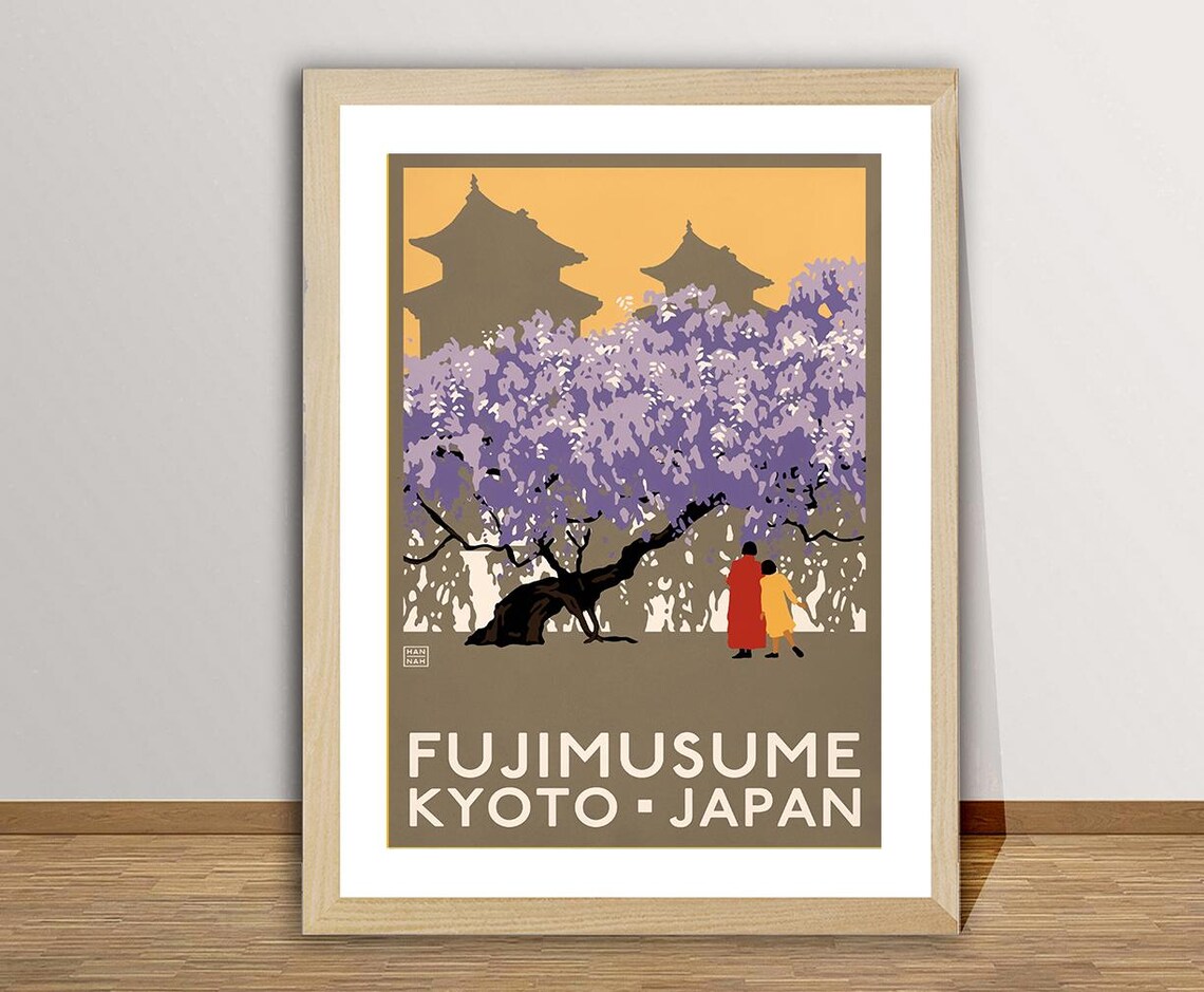Fujimusume Kyoto Japan Vintage Style Travel Poster Wisteria and Temple - Image 2