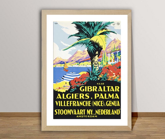 Naar Gibraltar Algiers Palma Ville Franche Vintage Travel Poster Retro Wall Art Gift Idea Wall Decor