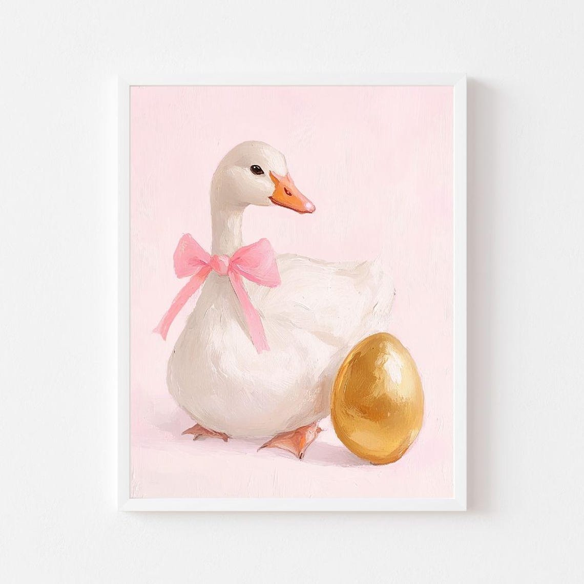 White Goose with Pink Bow and Golden Egg Easter Painting Poster