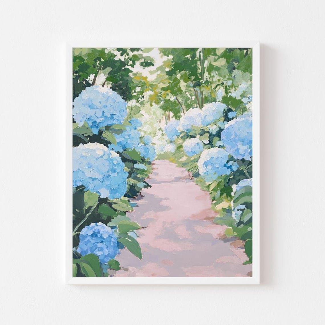 Blue Hydrangea Lined Garden Path Painting in Soft Colors Poster