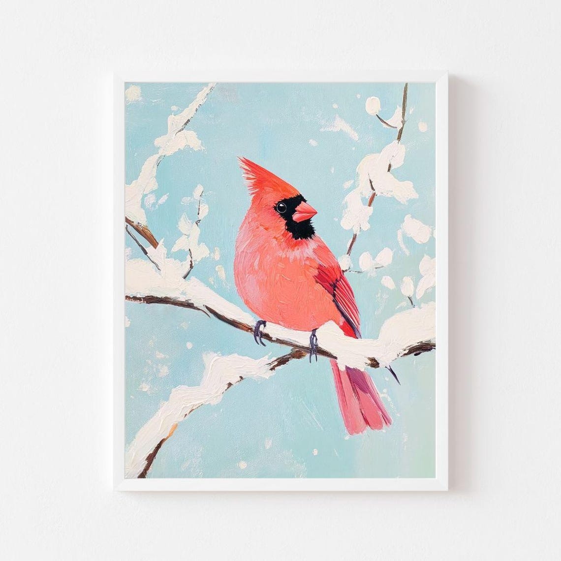 Red Cardinal Bird Perched On A Snowy Winter Branch Art Poster