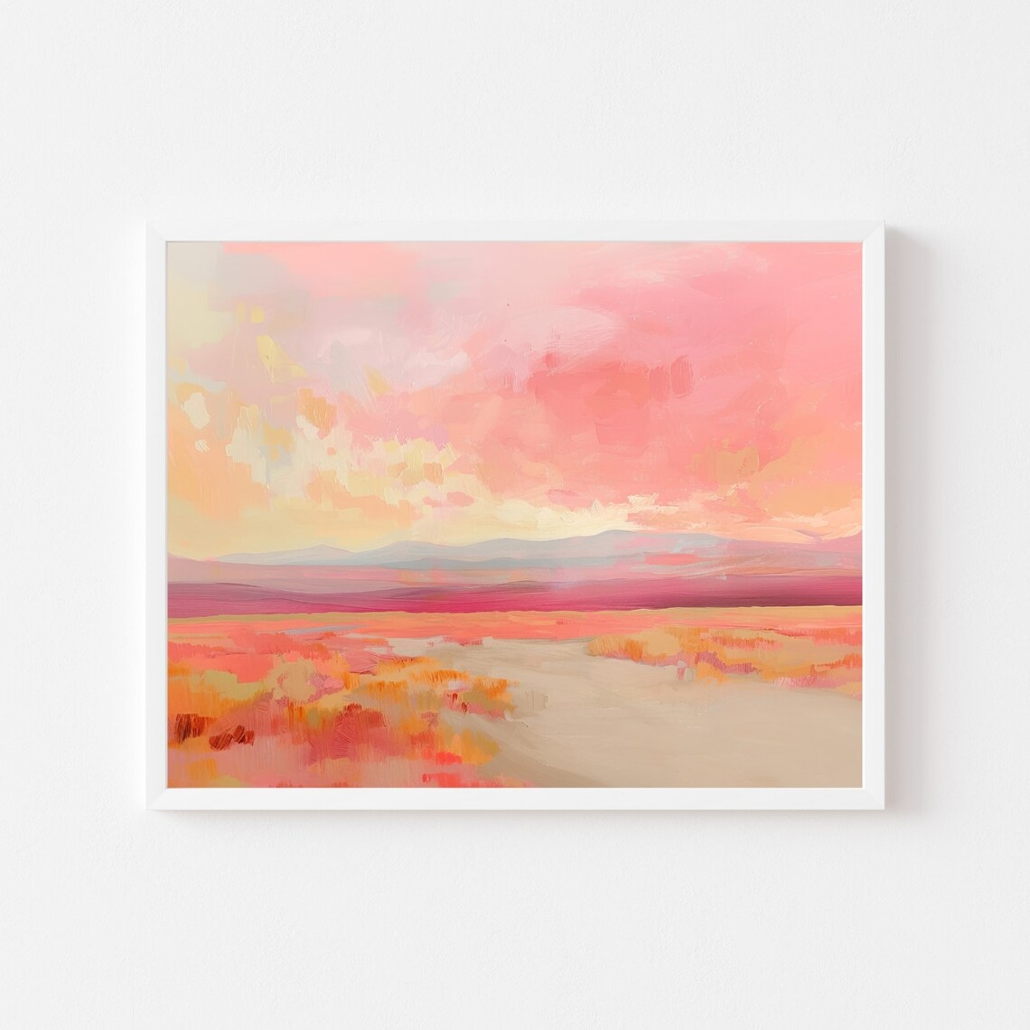 Pink Desert Sunset Landscape Painting in Warm Pastel Tones Poster