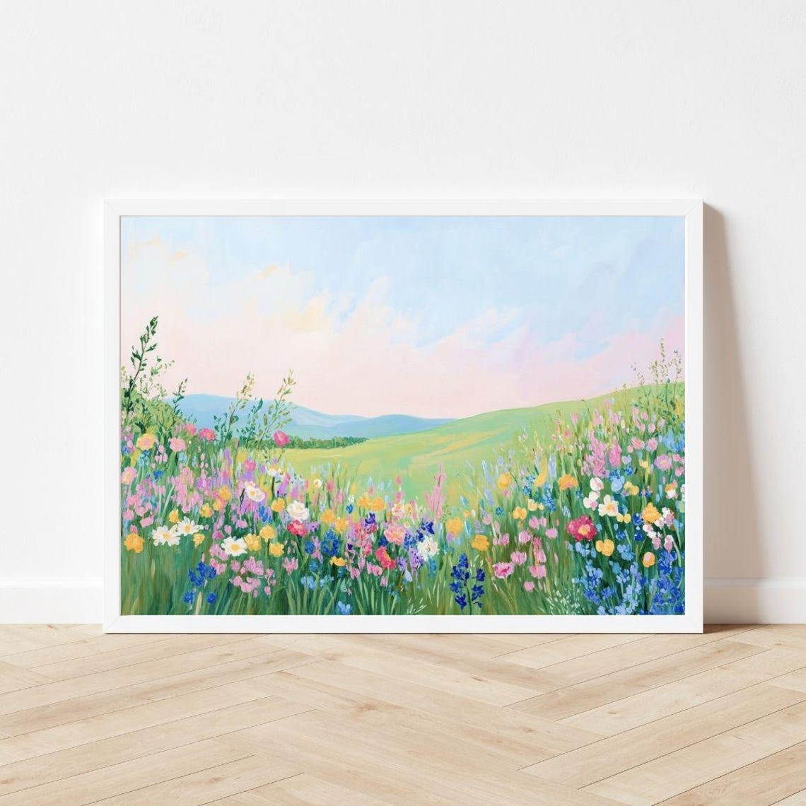Spring Wildflower Meadow With Daisies Under Pastel Sky Poster - Image 3