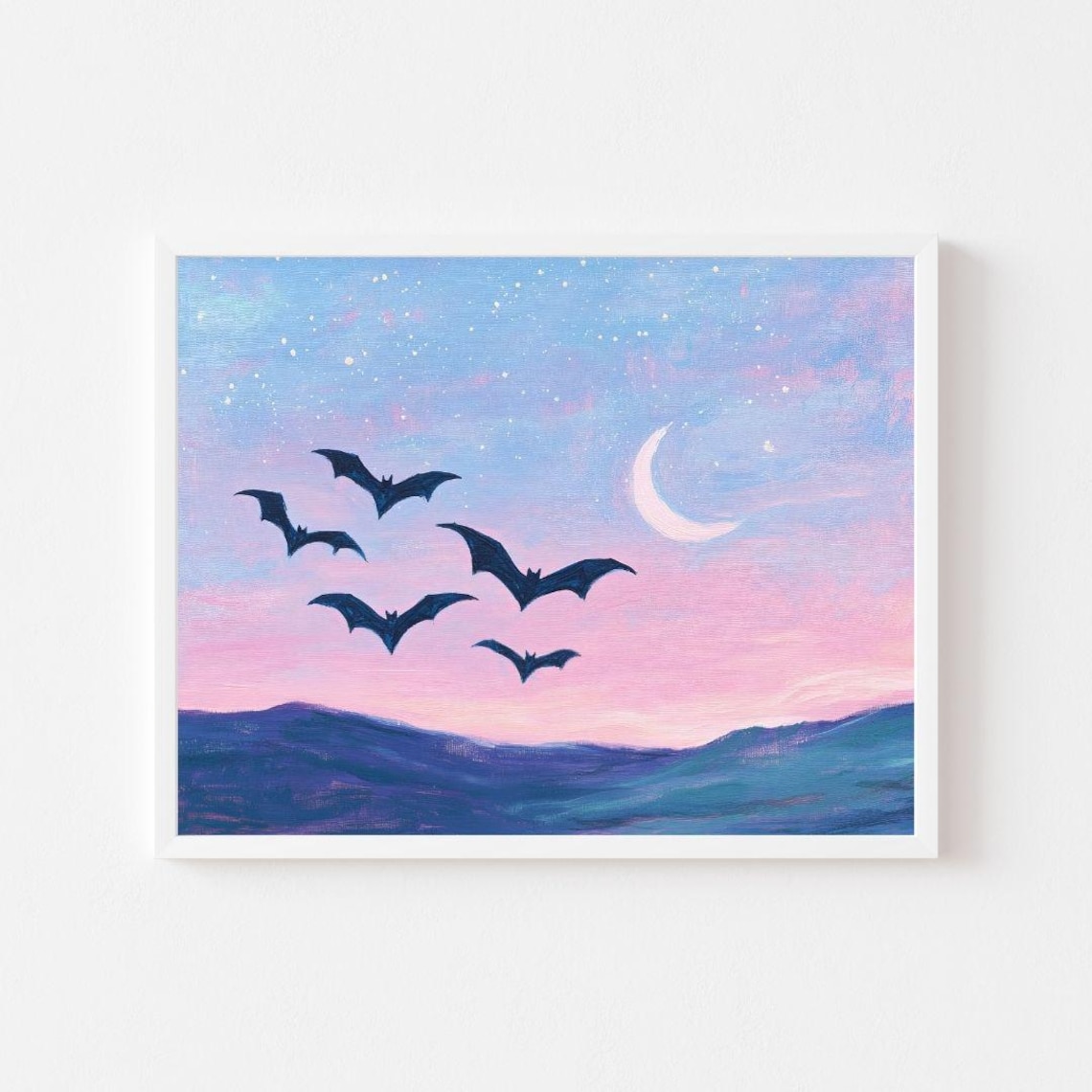 Bats Flying at Night, Pastel Halloween Wall Art Print