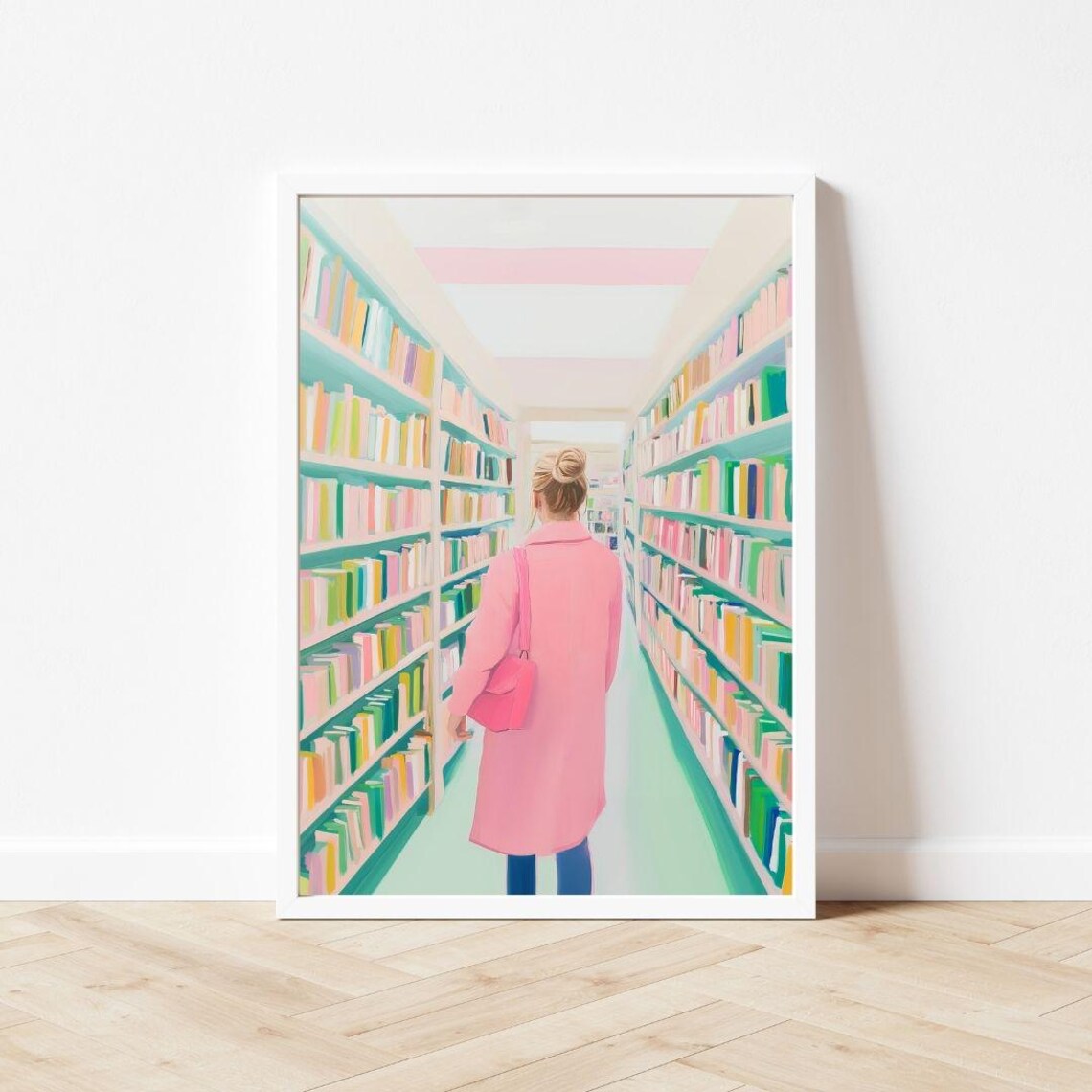 Woman In Pink Coat At Bookstore Aisle Pastel Painting Book Lover Poster - Image 3