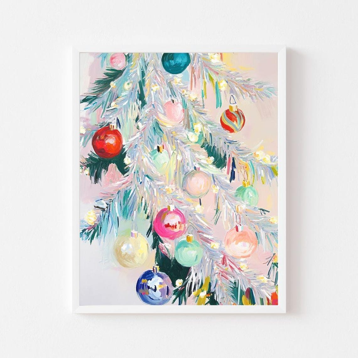 Pastel Christmas Tree Tinsel Colorful Ornaments Holiday Decor Poster