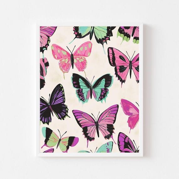 Colorful Butterfly Pattern Painting Vibrant Insect Wall Art Print Neon Bug Pink Purple Green Girls Room