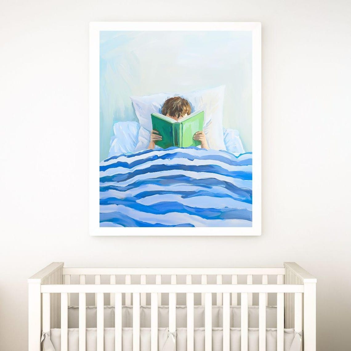 Boy Reading In Bed Green Book Cozy Blue Blanket Nursery Art Poster - Image 2