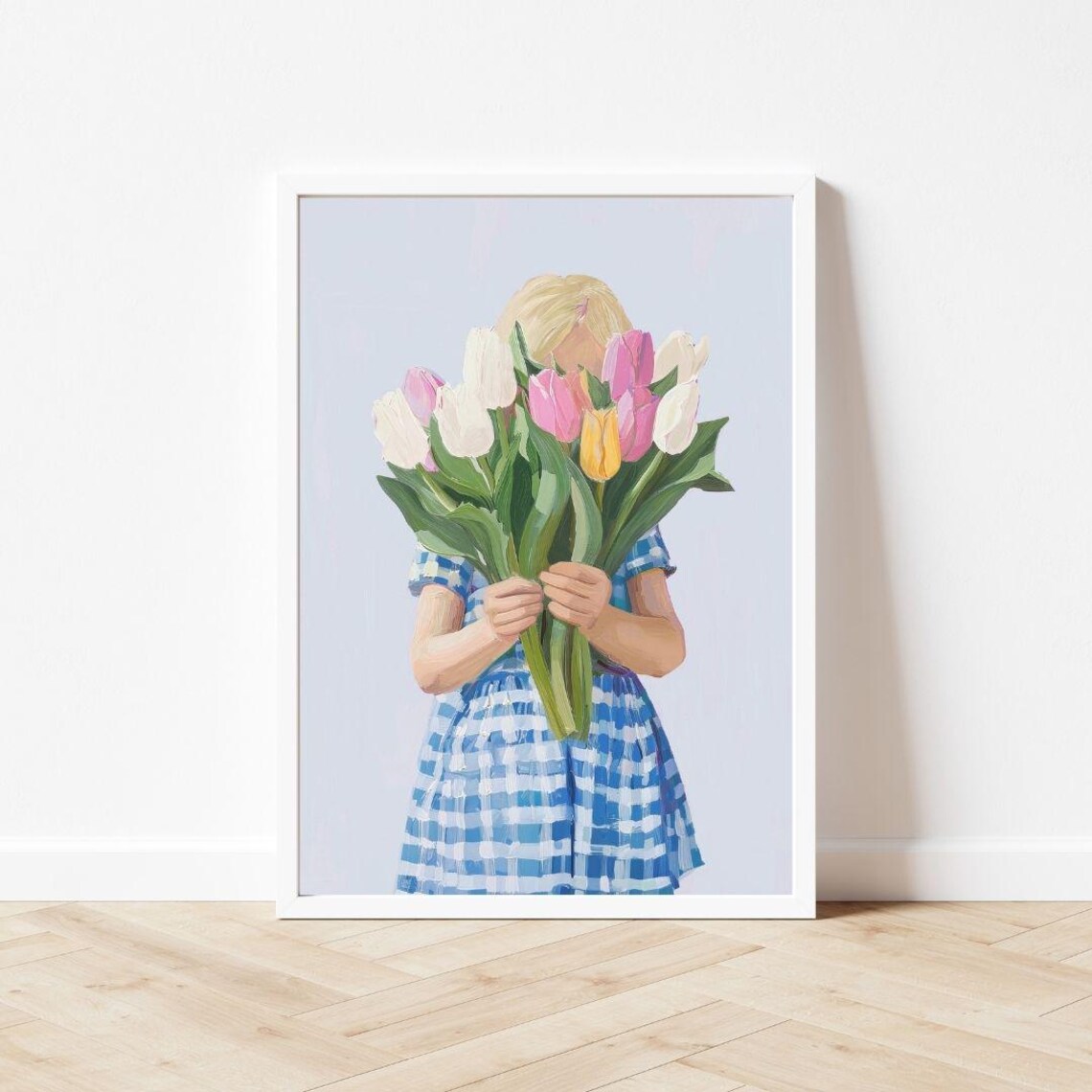 Blonde Girl Holding Tulip Bouquet Hiding Face Spring Painting Poster - Image 3